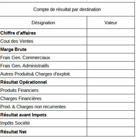 Power BI Compte de Résultat Présentation par déstination